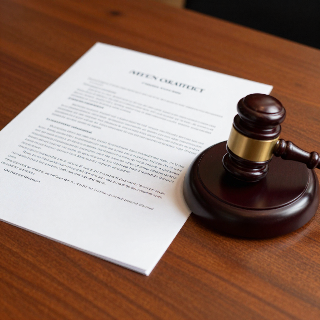 Gavel beside a legal document on a wooden desk