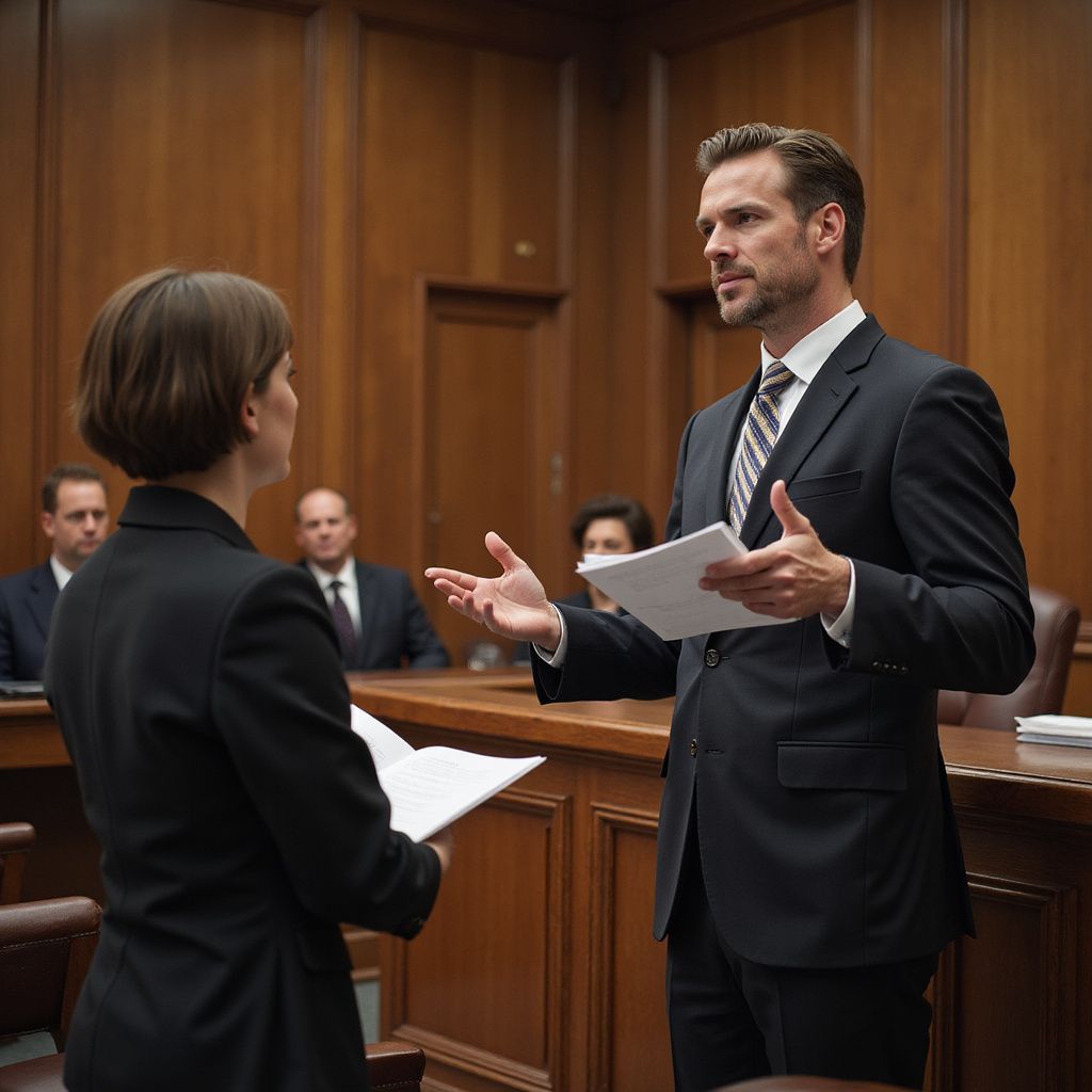 Two people in courtroom, lawyer gesturing, holding papers; others in suits observe.
