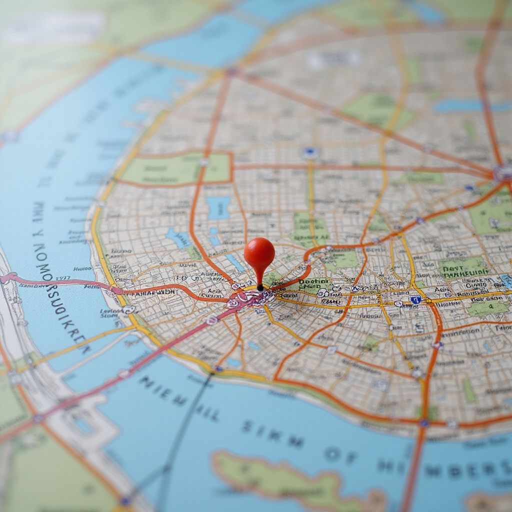 Map with a red pin marking a location. Roads and water are visible.