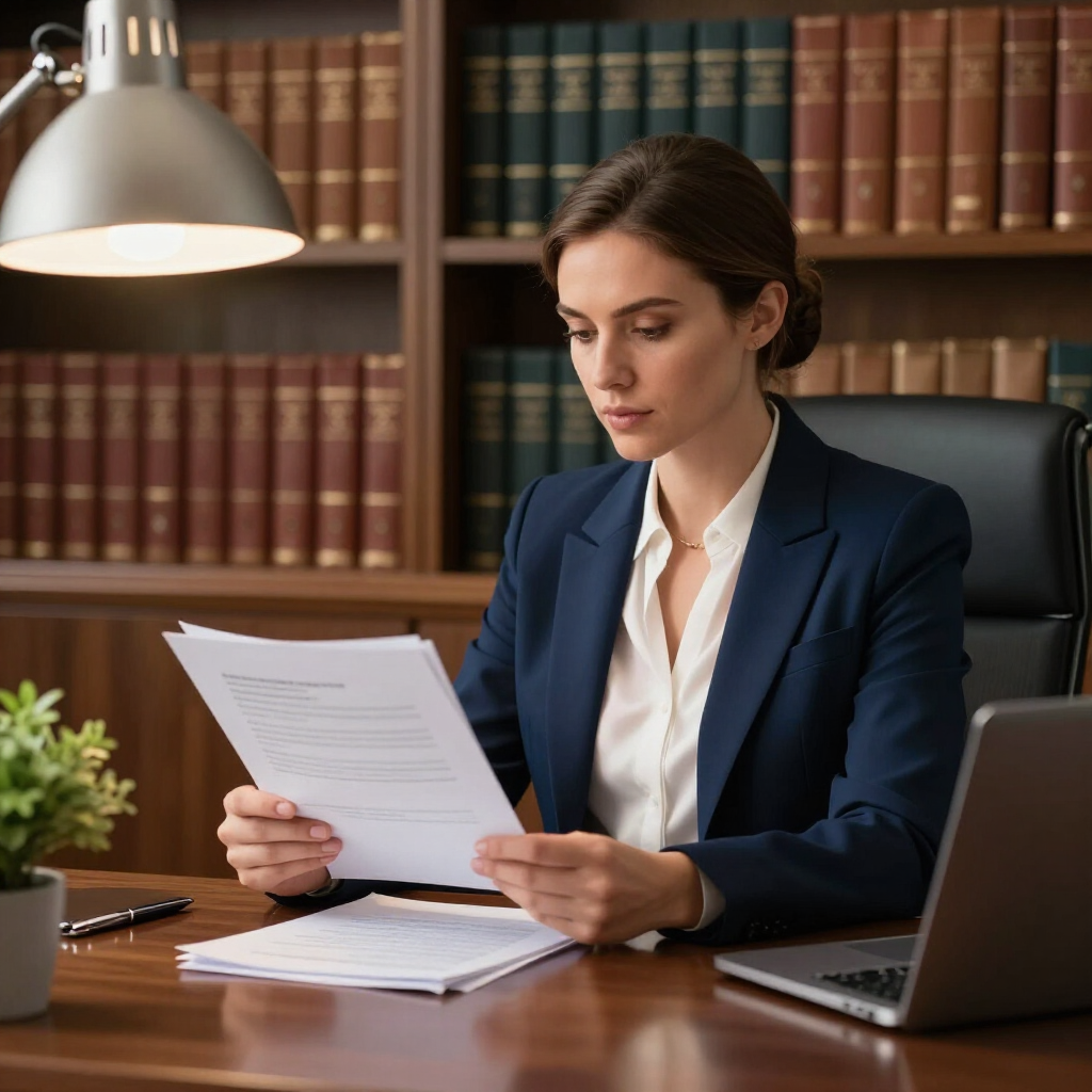 Woman in navy blazer reviewing documents at a desk in a library office, with bookshelves and laptop nearby