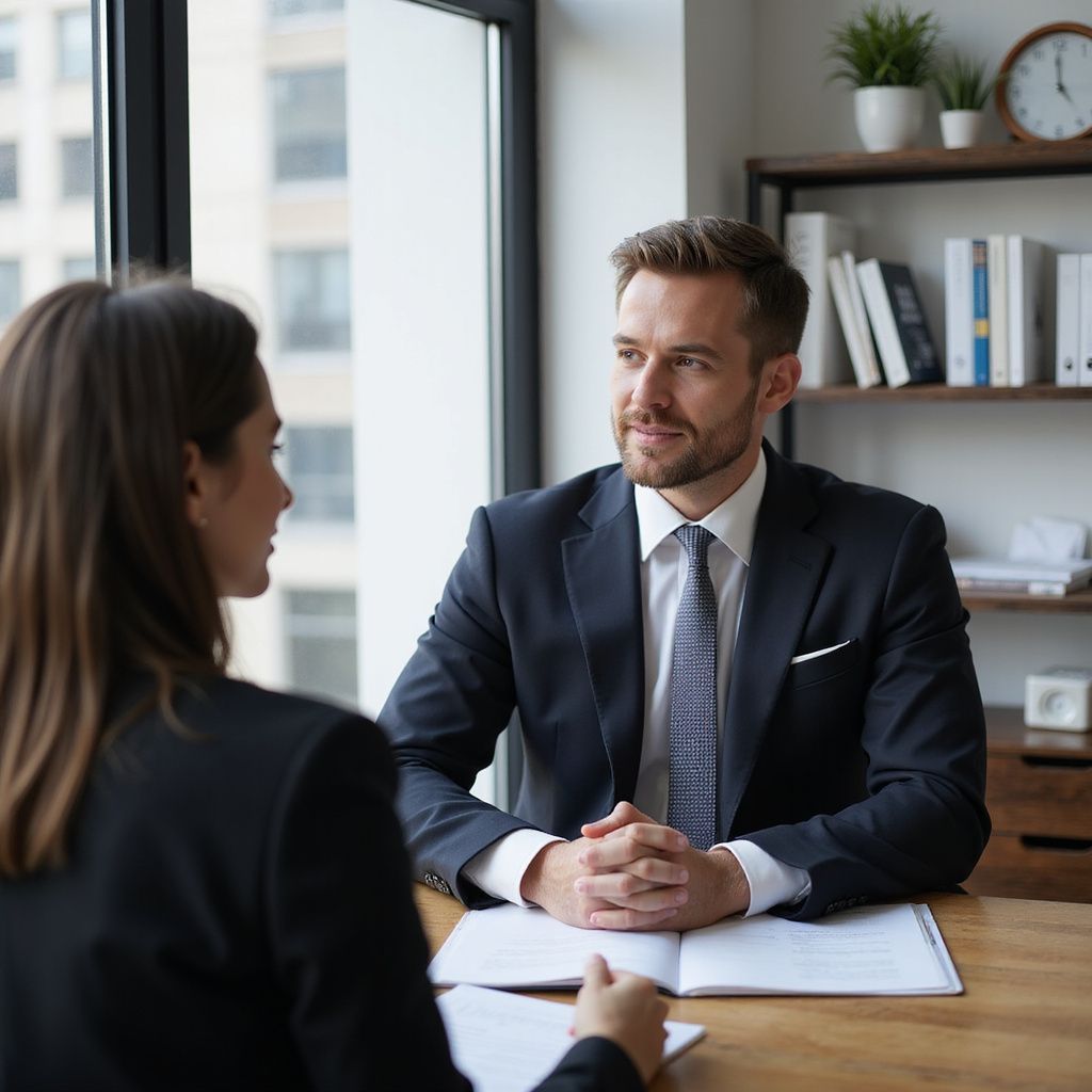 Man in suit at desk looks at woman in business attire. Documents are visible.