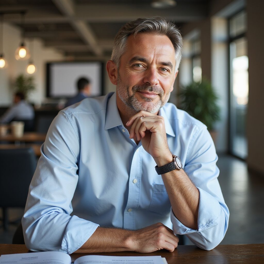 Man with gray hair wearing a blue shirt, resting chin on hand, in a modern office setting.