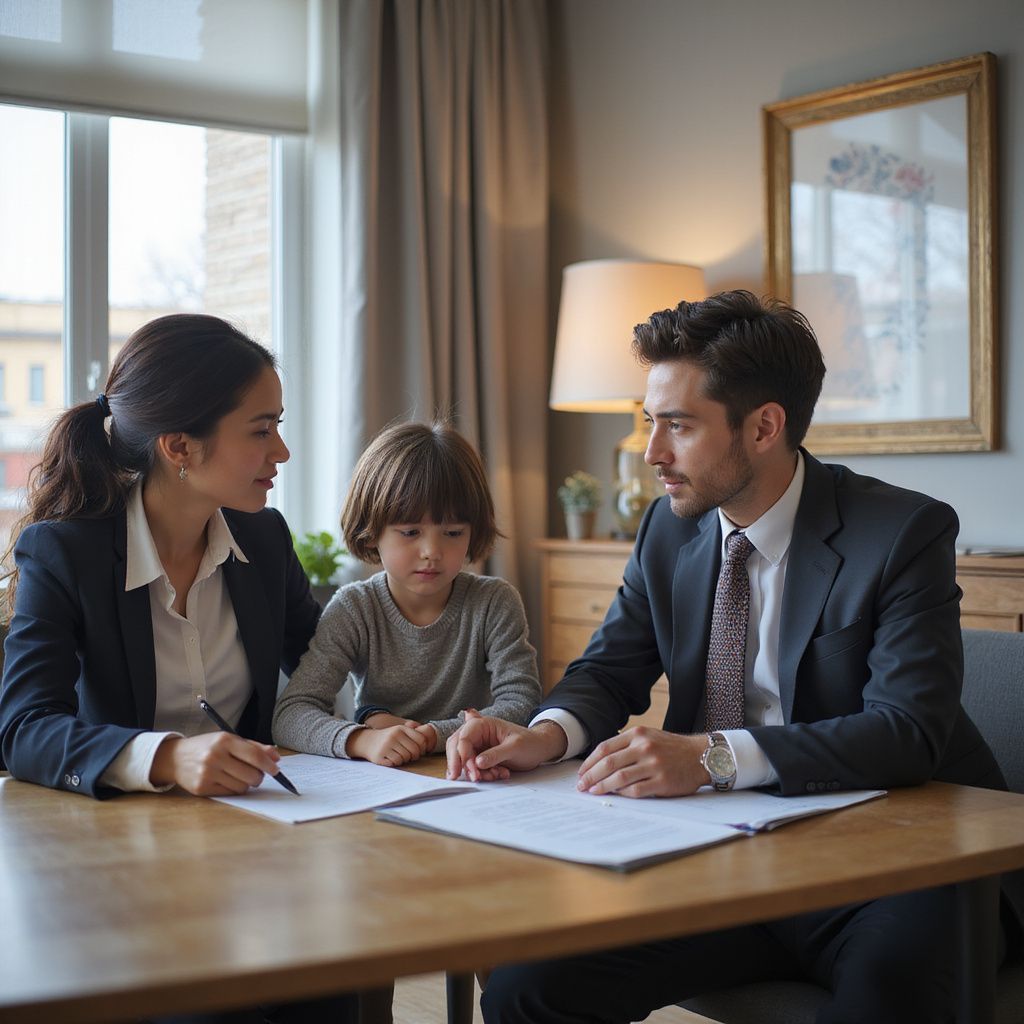 Family at table reviewing documents. Woman, man, and child look at papers in a well-lit room.