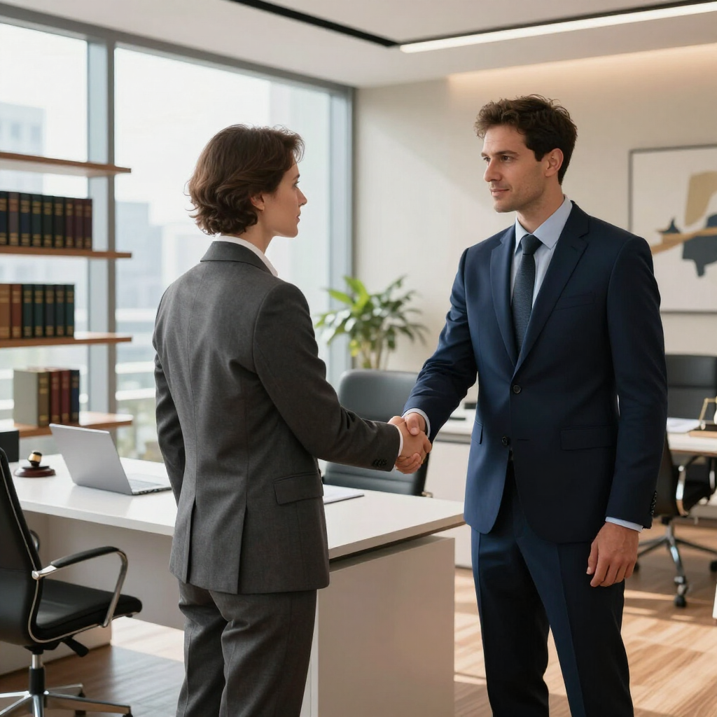 Two professionals in suits shake hands in a modern office with a desk and large windows.