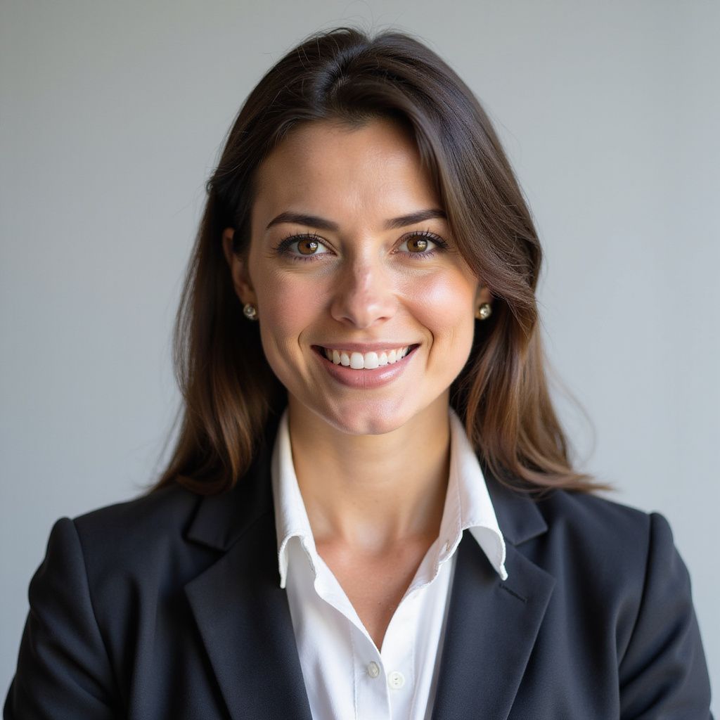 Woman in a suit smiling at the camera, posing in front of a neutral gray background.