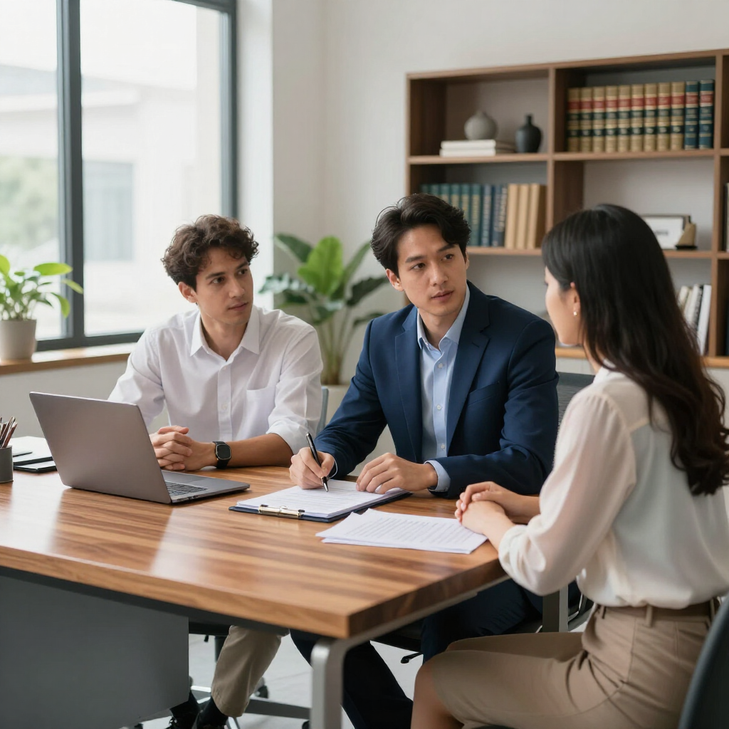 Three coworkers in a meeting around a wooden table, with a laptop and papers in a bright office.