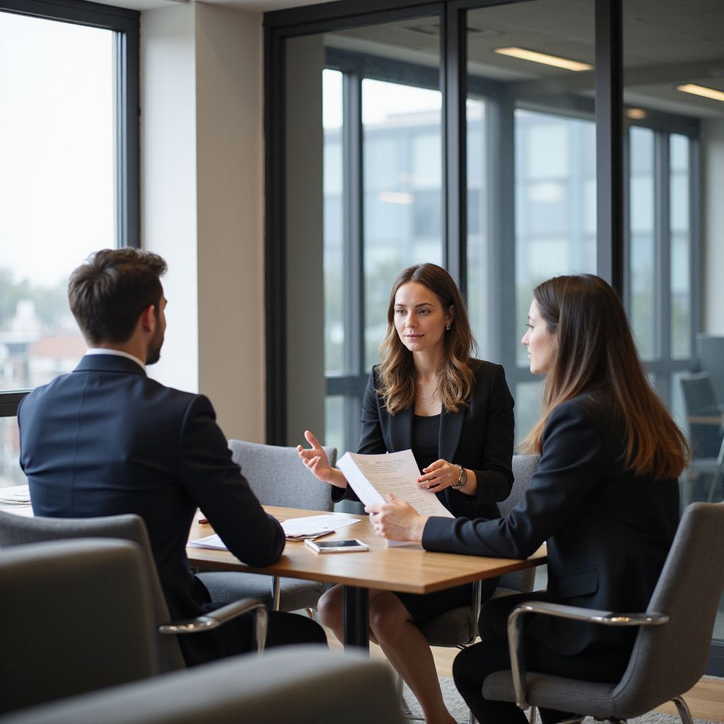 Three businesspeople in suits at a table, reviewing documents in an office setting.