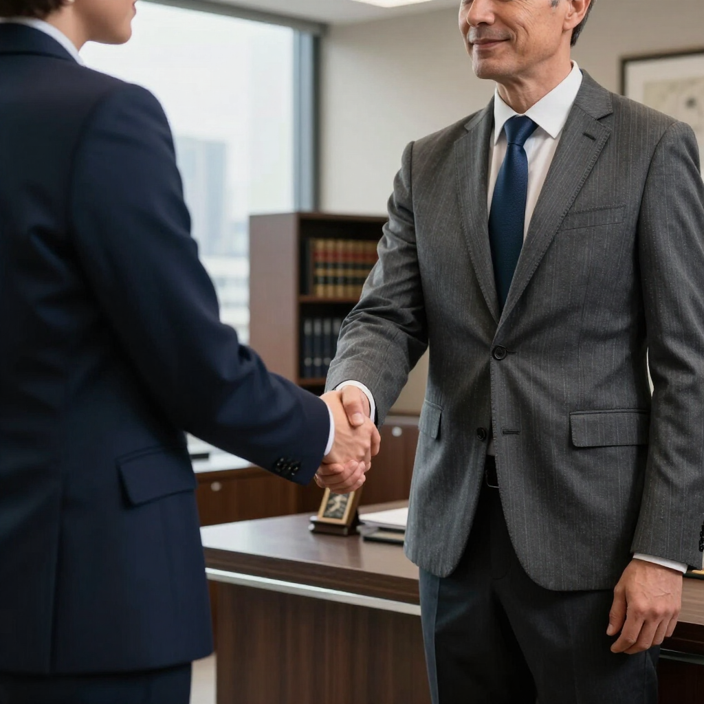 Two businessmen in suits shaking hands in a modern office