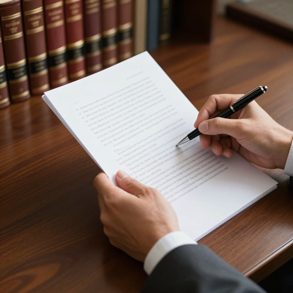 Hand writing on a document at a wooden desk with law books in the background