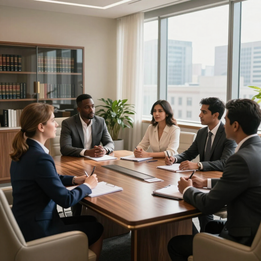 Business team meeting around a conference table in a bright office with city views.