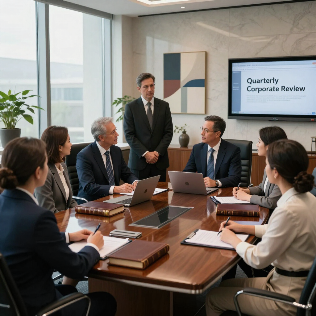 Business meeting in a conference room with seven people around a wooden table and a corporate review presentation on screen
