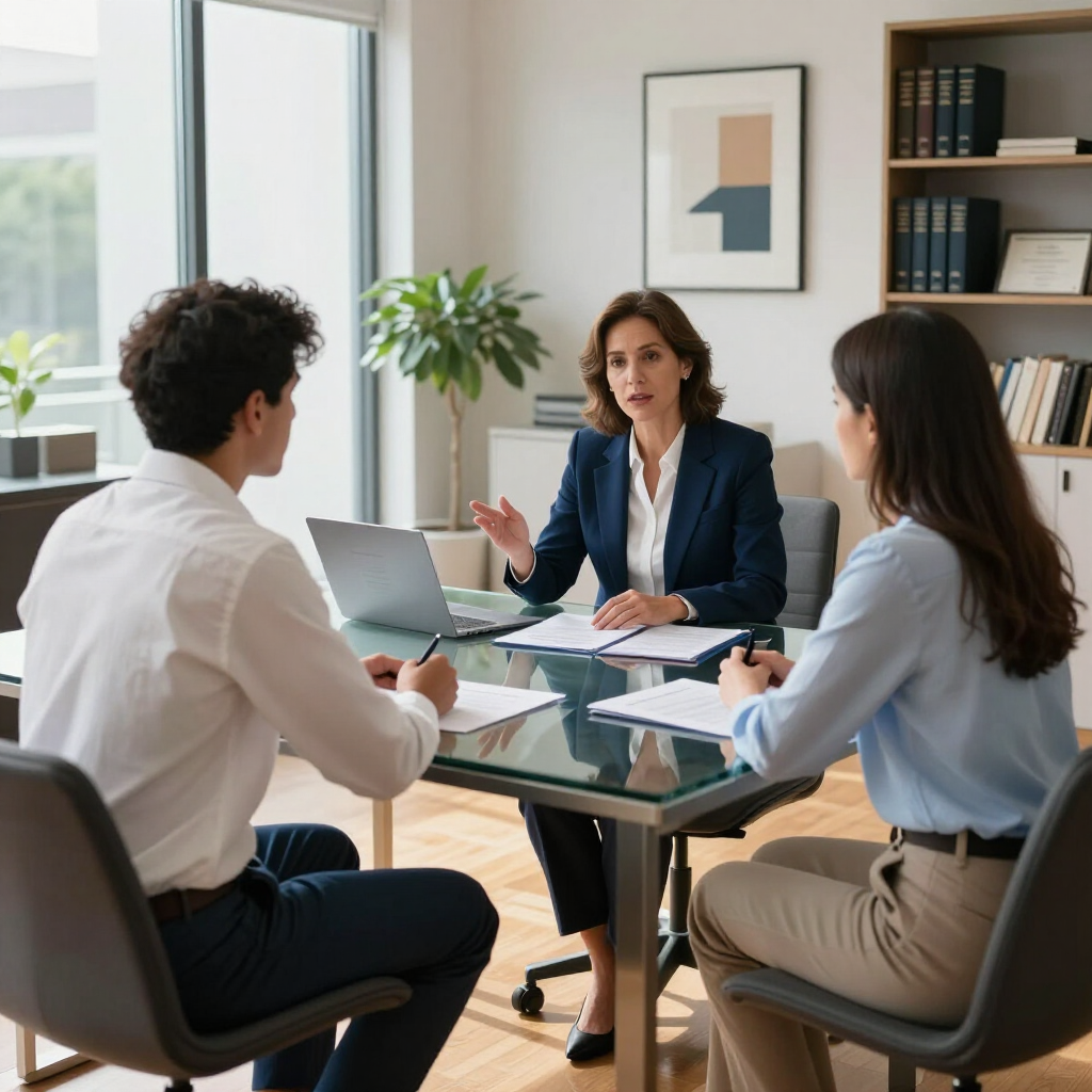Three people in a meeting around a glass table, with a laptop and documents in a bright office.