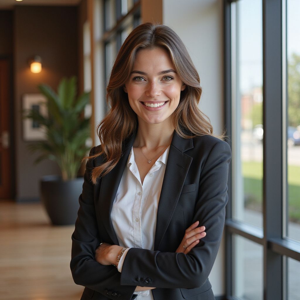 Woman in a black blazer and white shirt, smiling with arms crossed in an office setting.