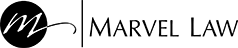 Logo for Marvel Law. Black circle with a stylized