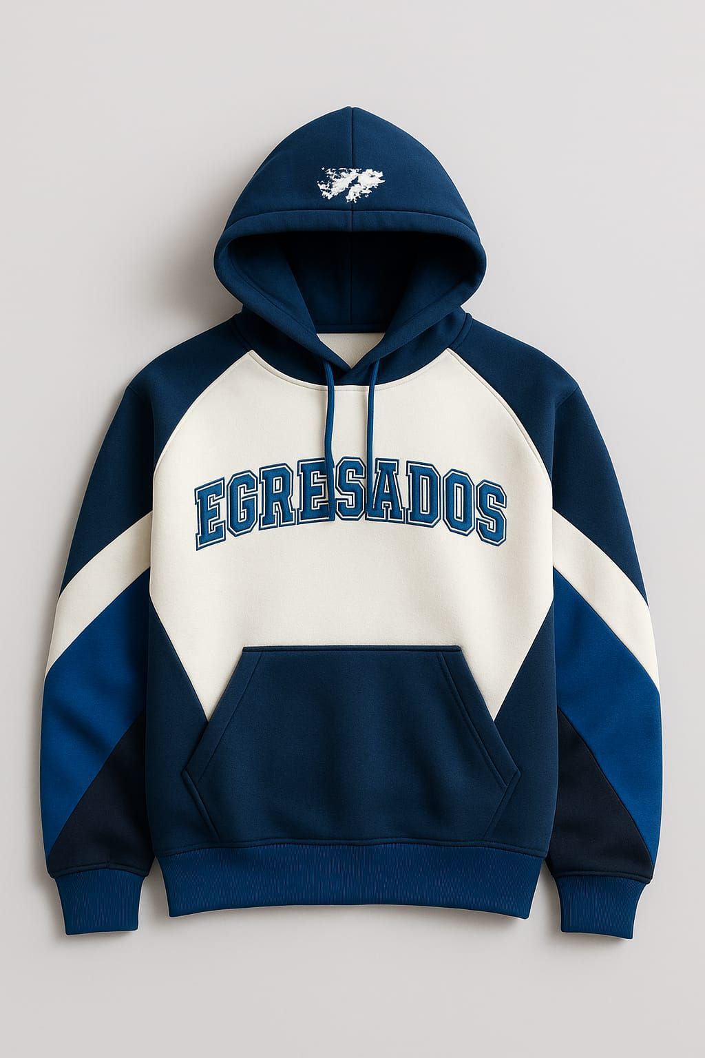 Sudadera con capucha azul marino y crema con texto
