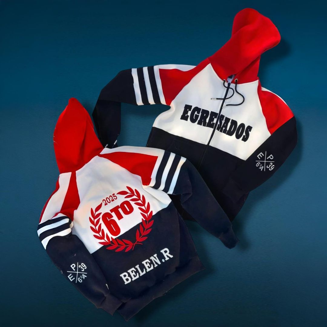Dos sudaderas de graduación: roja, blanca y azul marino con "Egresados" y "6TO 2020 BELEN.R" impresos en ellas.