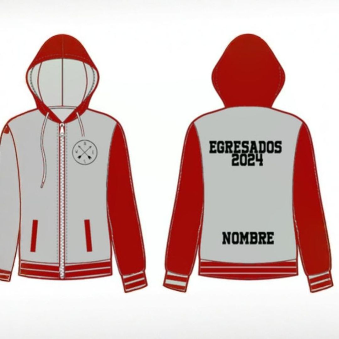 Vista frontal y trasera de una chaqueta con capucha blanca y roja con “Egresados ​​2024” y “NOMBRE” impresos en la espalda.