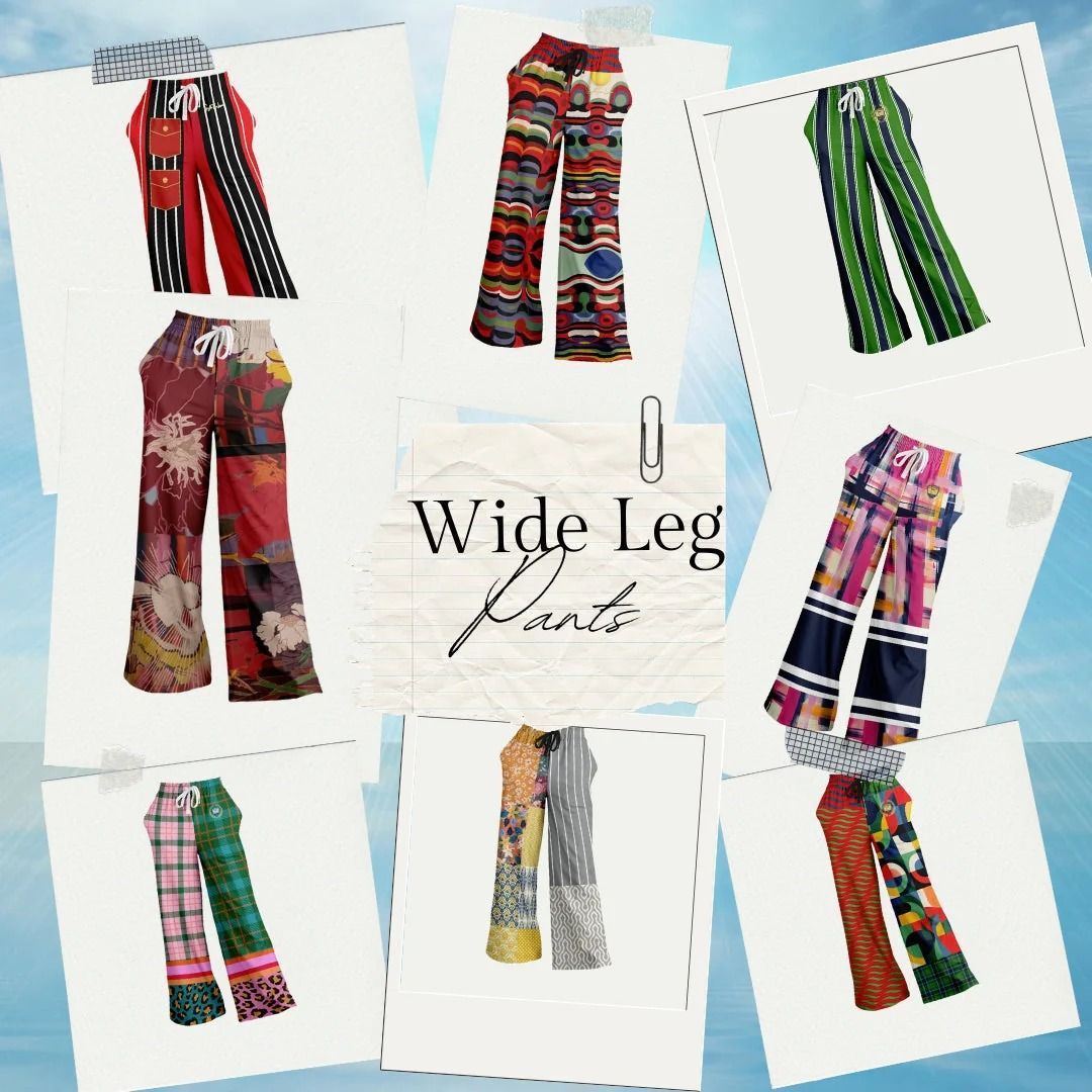 Collage of wide-leg pants in various colorful patterns pinned to a background with text 