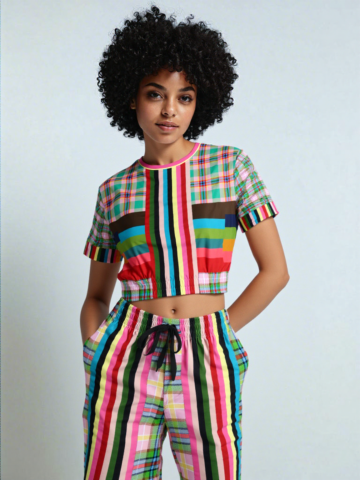 Woman in colorful striped and plaid crop top and pants, hands in pockets.