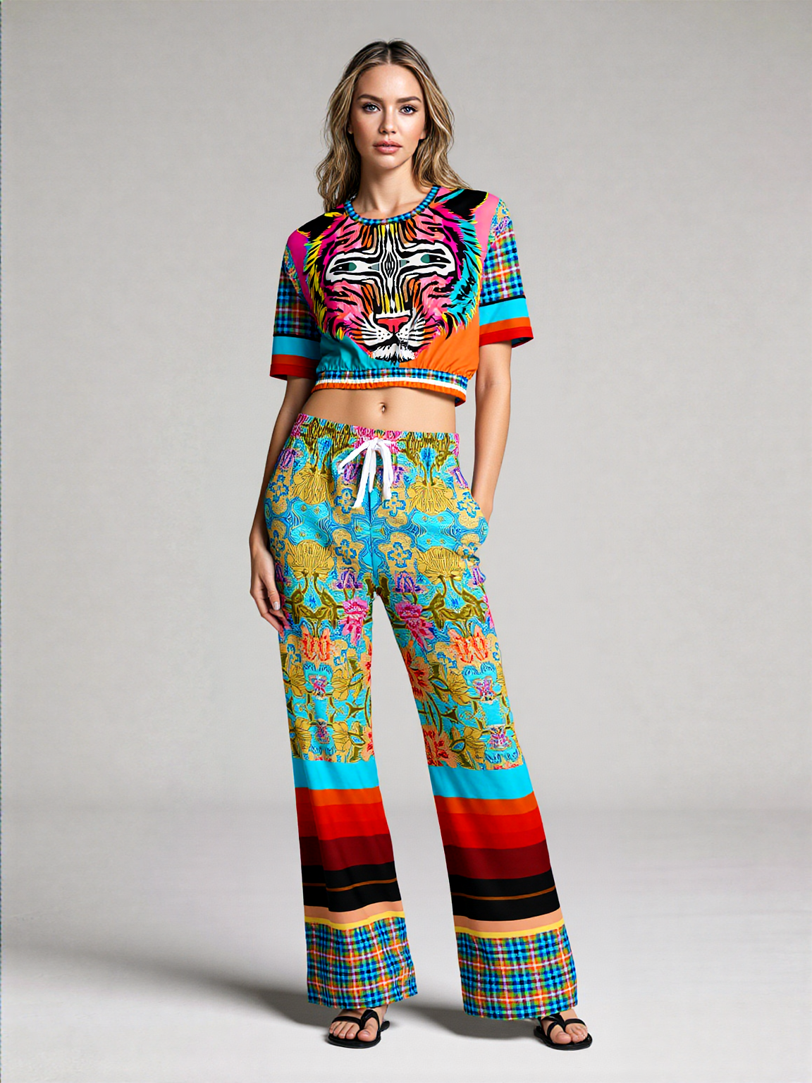 Woman in colorful tiger-print crop top and matching floral pants, standing indoors, hands at her sides.