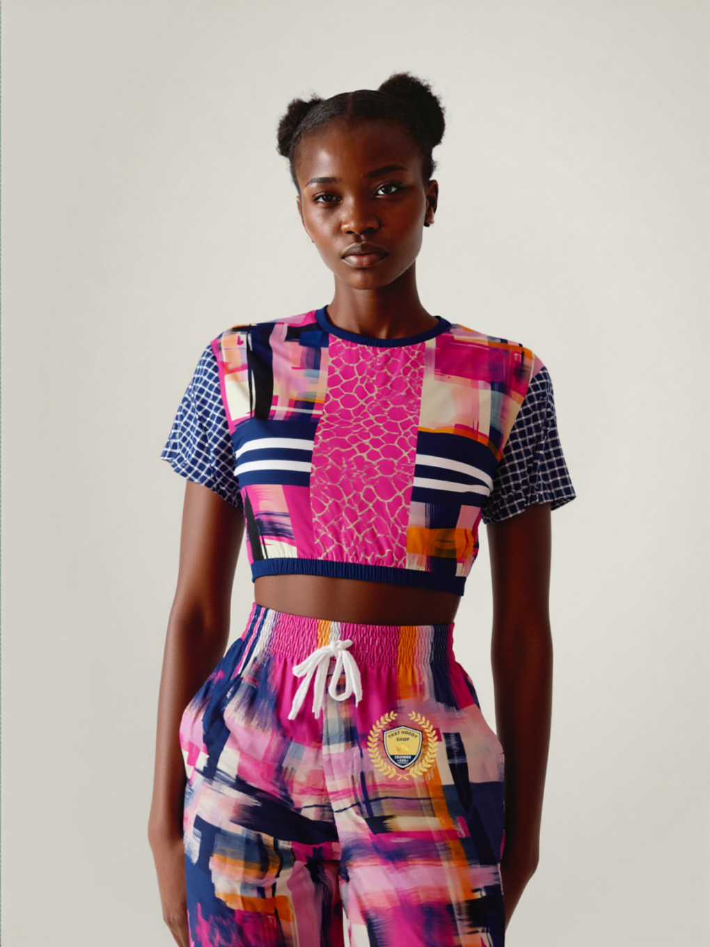 Woman in colorful crop top and pants. Pink, blue, and white abstract patterns.