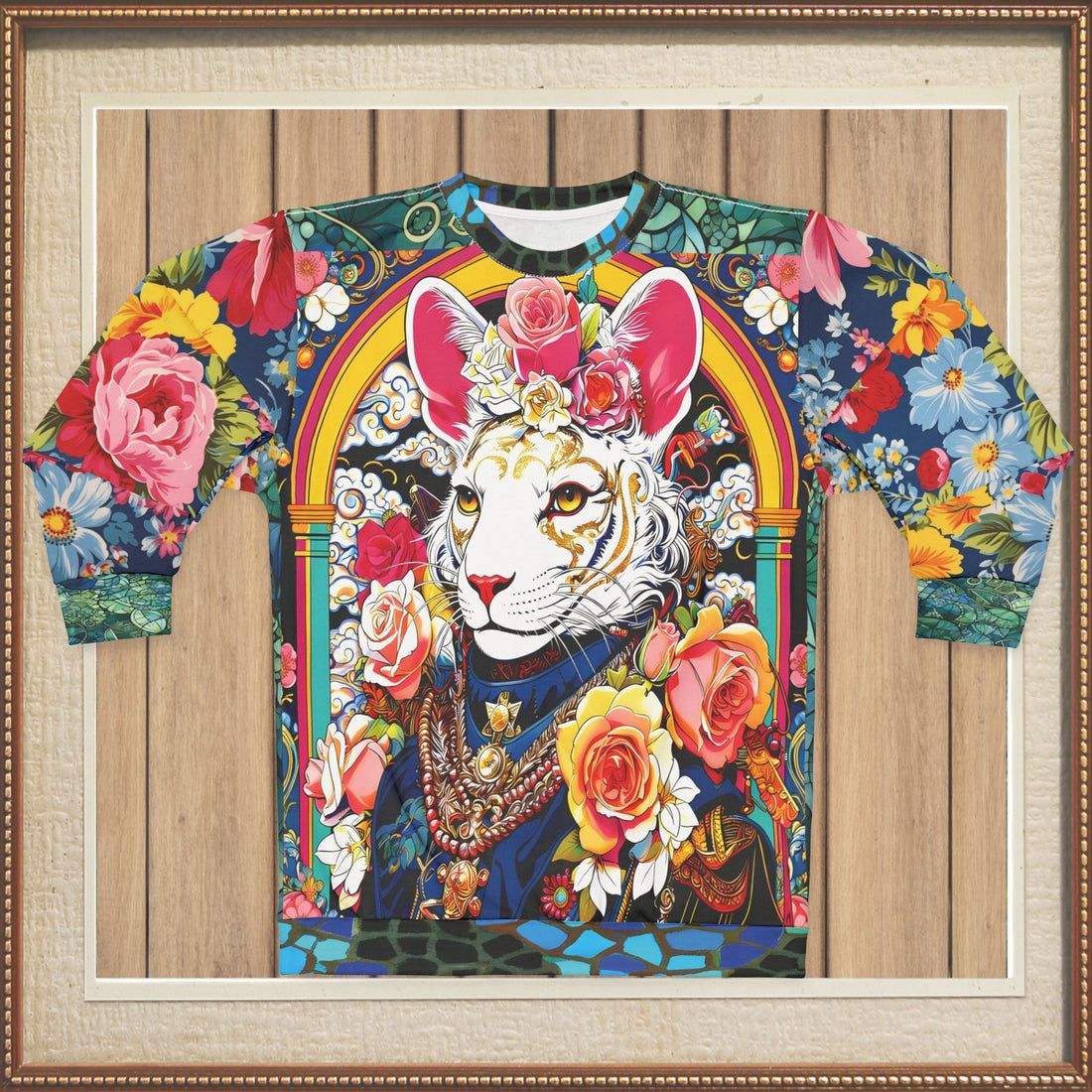 Sweatshirt with a rabbit design in a floral frame. The rabbit is wearing ornate clothing and surrounded by colorful flowers.