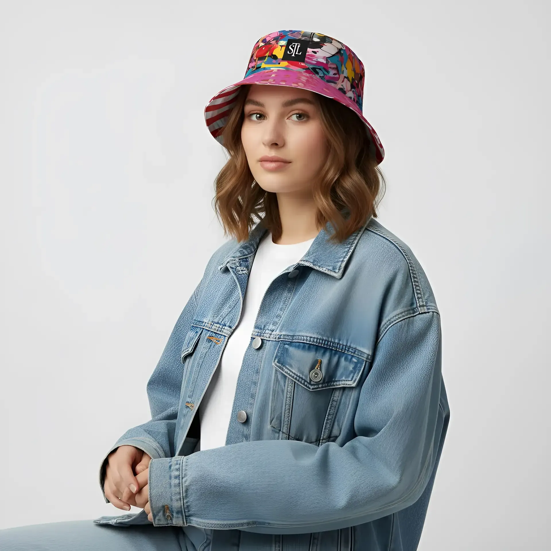 Woman wearing floral bucket hat and denim jacket, looking toward the viewer.