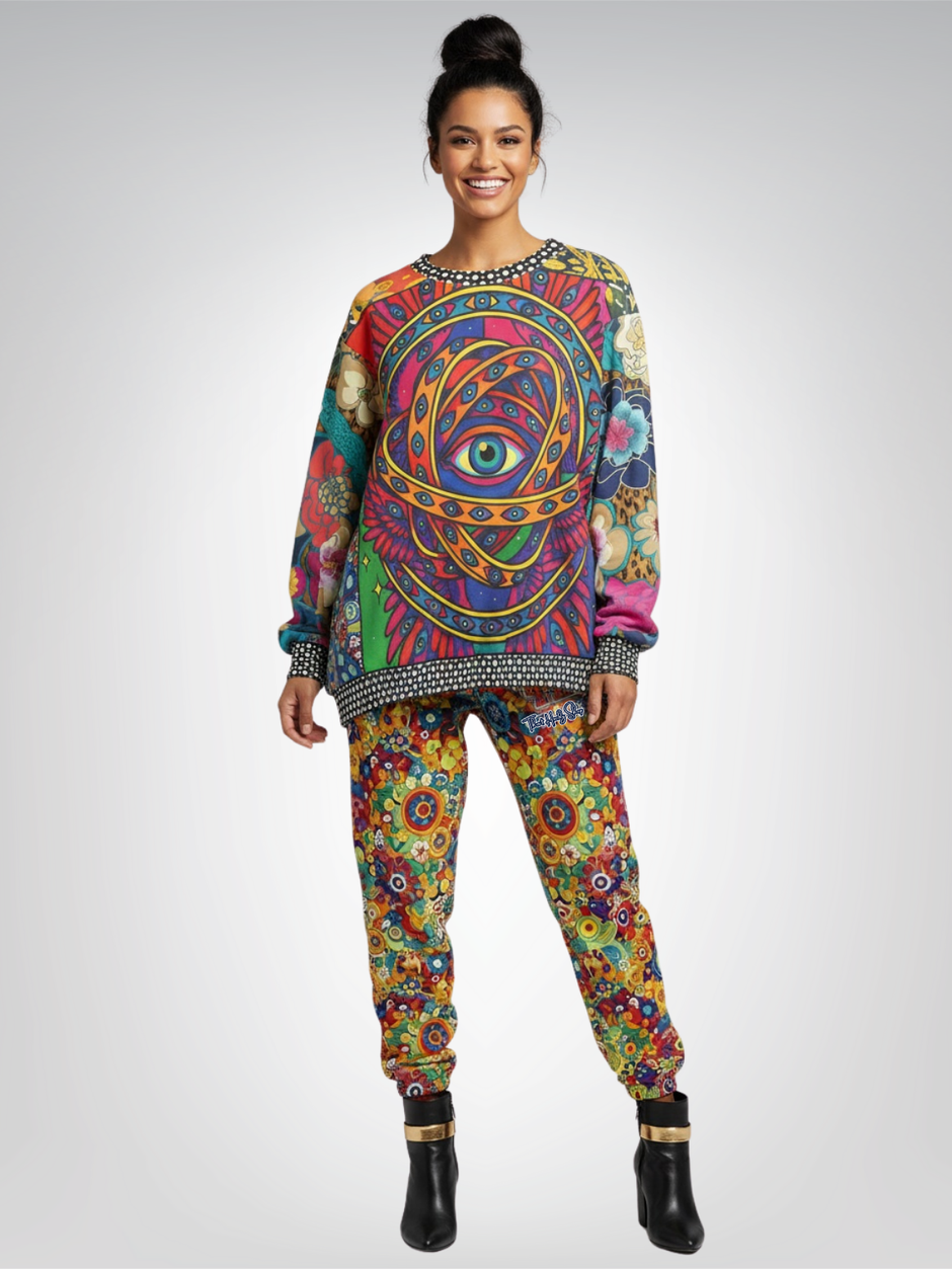 Woman in colorful patterned sweatshirt and pants, black boots.