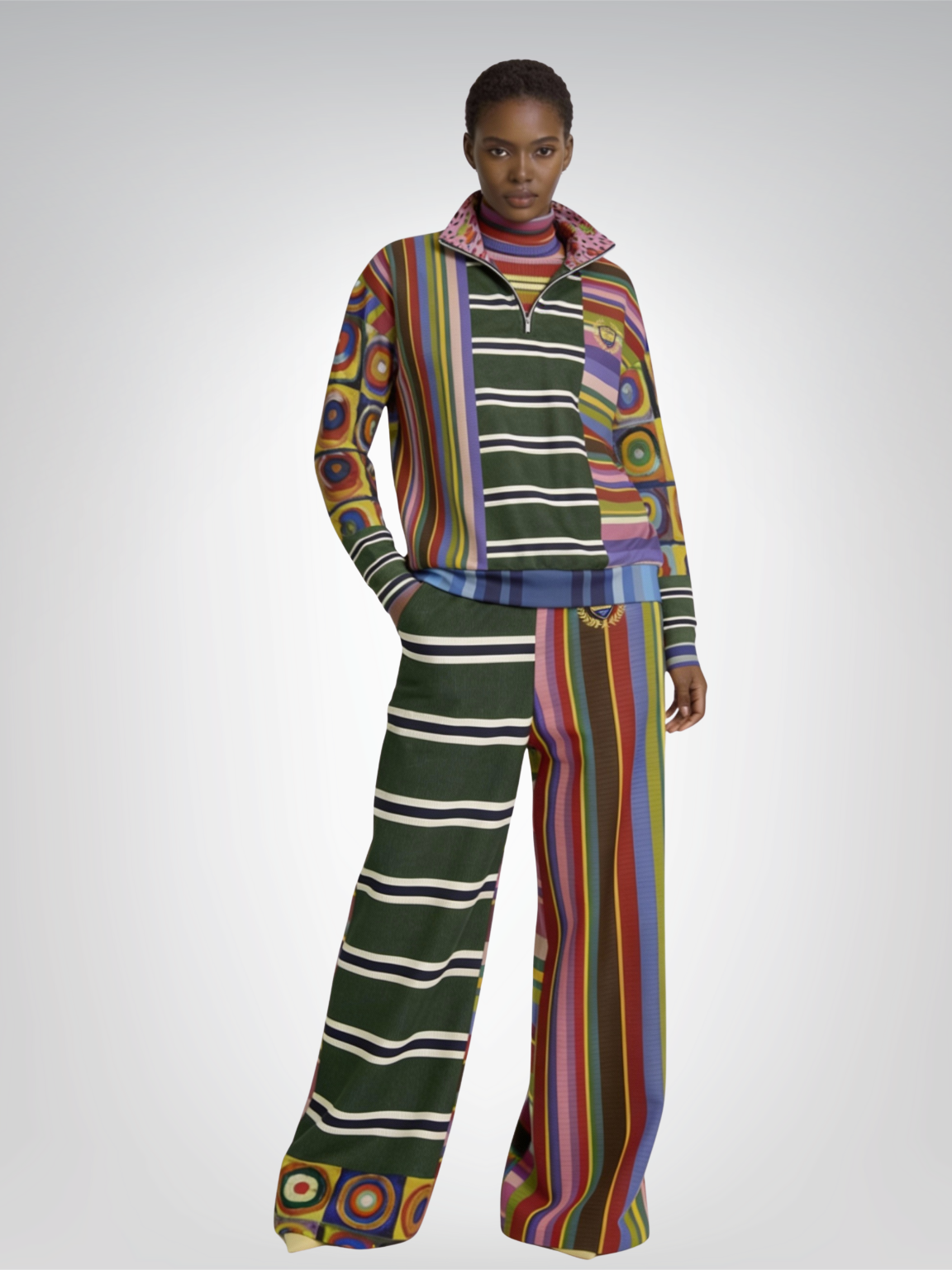 Woman in colorful striped and patterned matching jacket and pants.