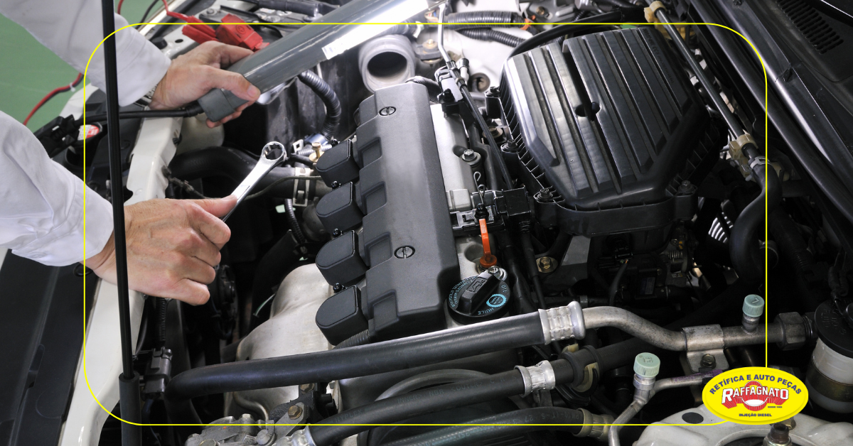 A man is working on the engine of a car with a wrench.