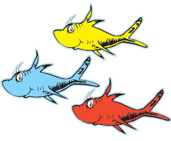 Three different colored fish are swimming together on a white background.