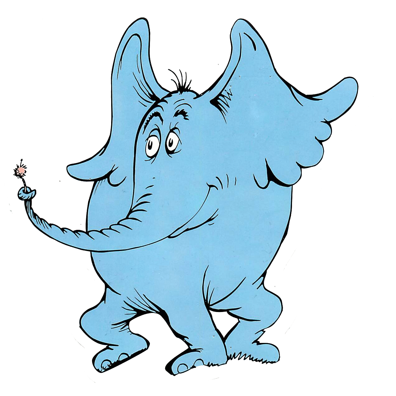 A blue elephant is holding a flower in its hand