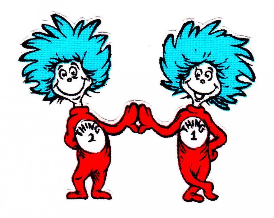 Two dr. seuss characters with blue hair are holding hands.