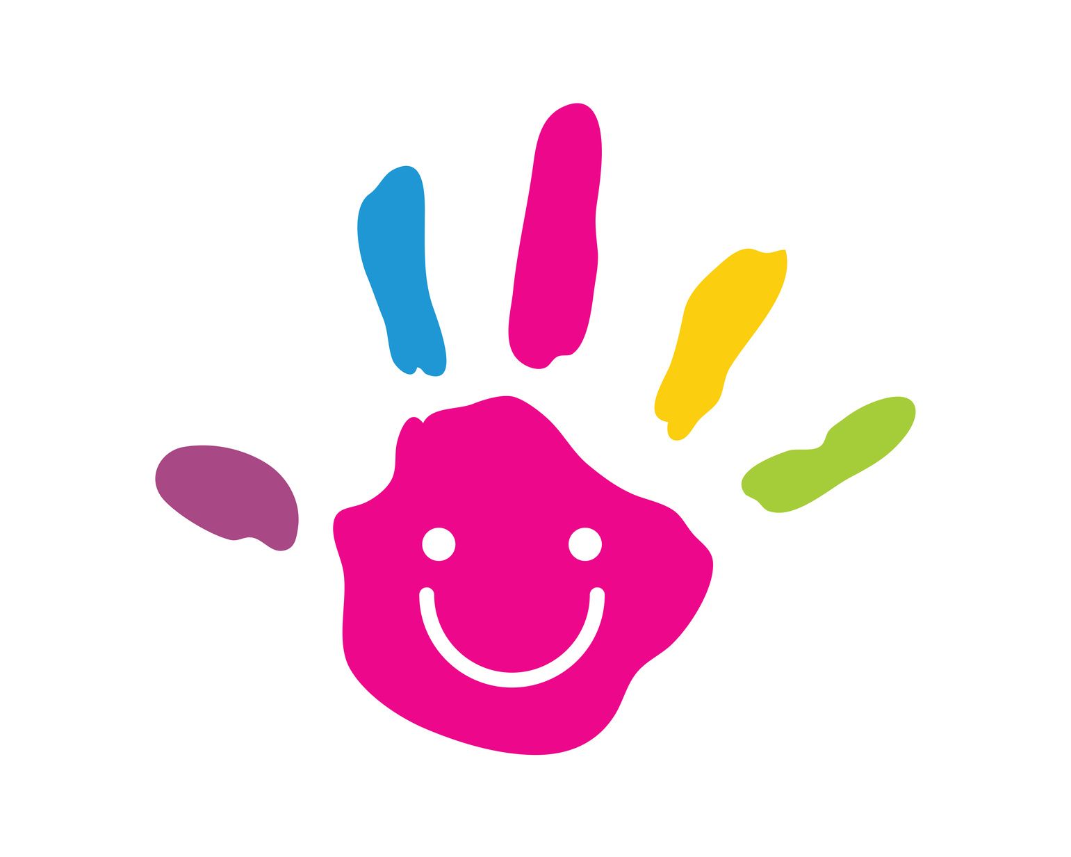 colorful hand print with a smily face drawn on the palm.