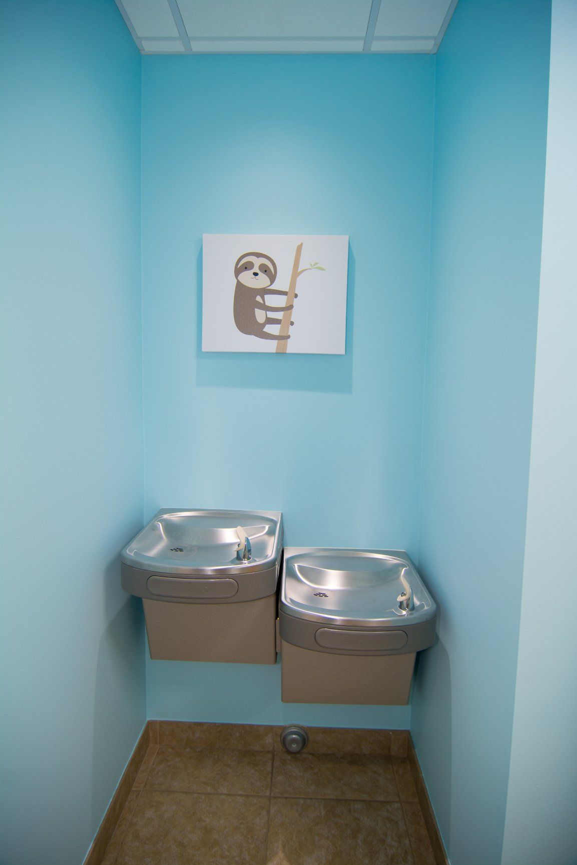 painting of a cartoon sloth hanging from a light blue wall, below it are two water fountains