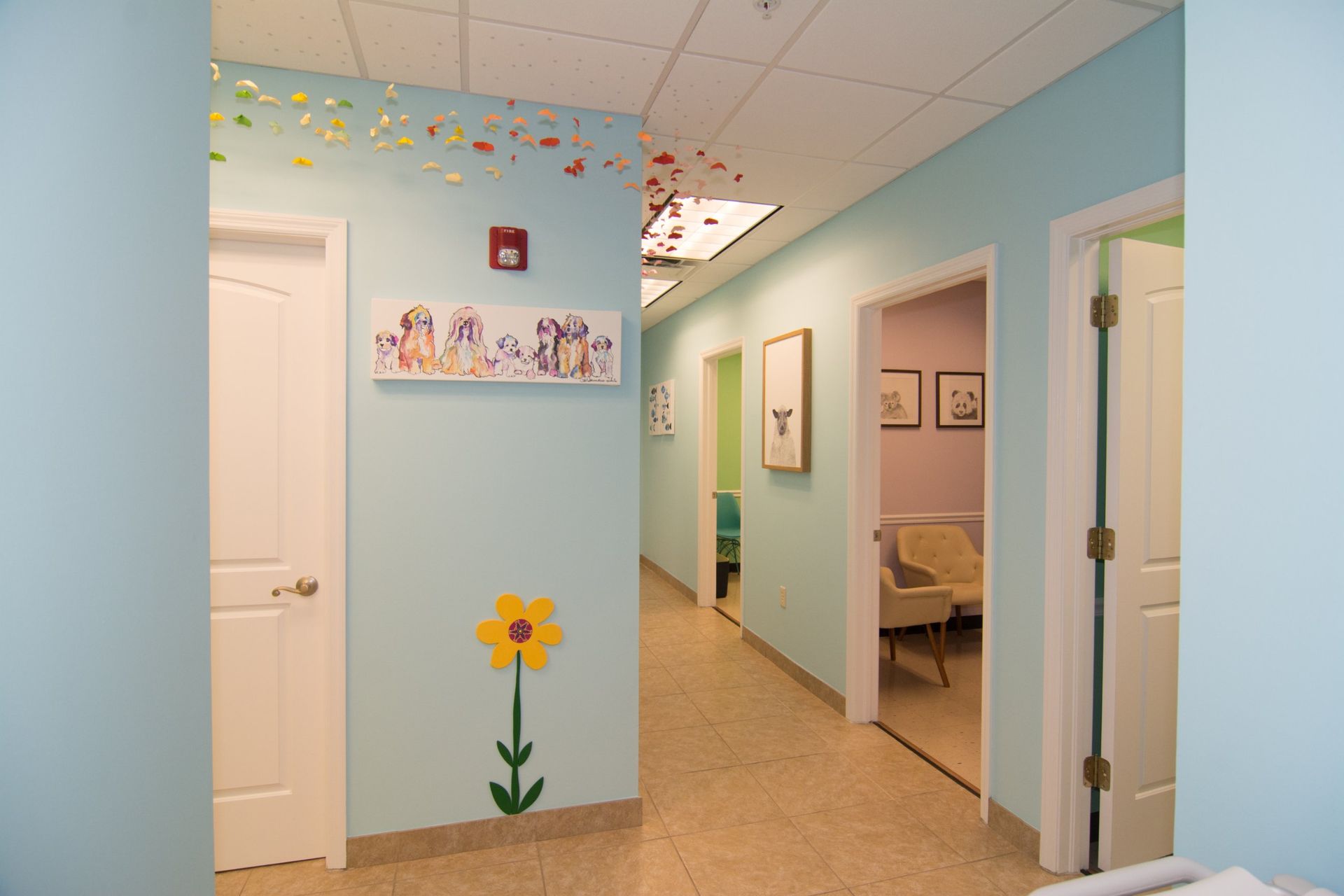 Photo of Optimal Care Pediatric's hallway, showing three white doors on the right and one on the left