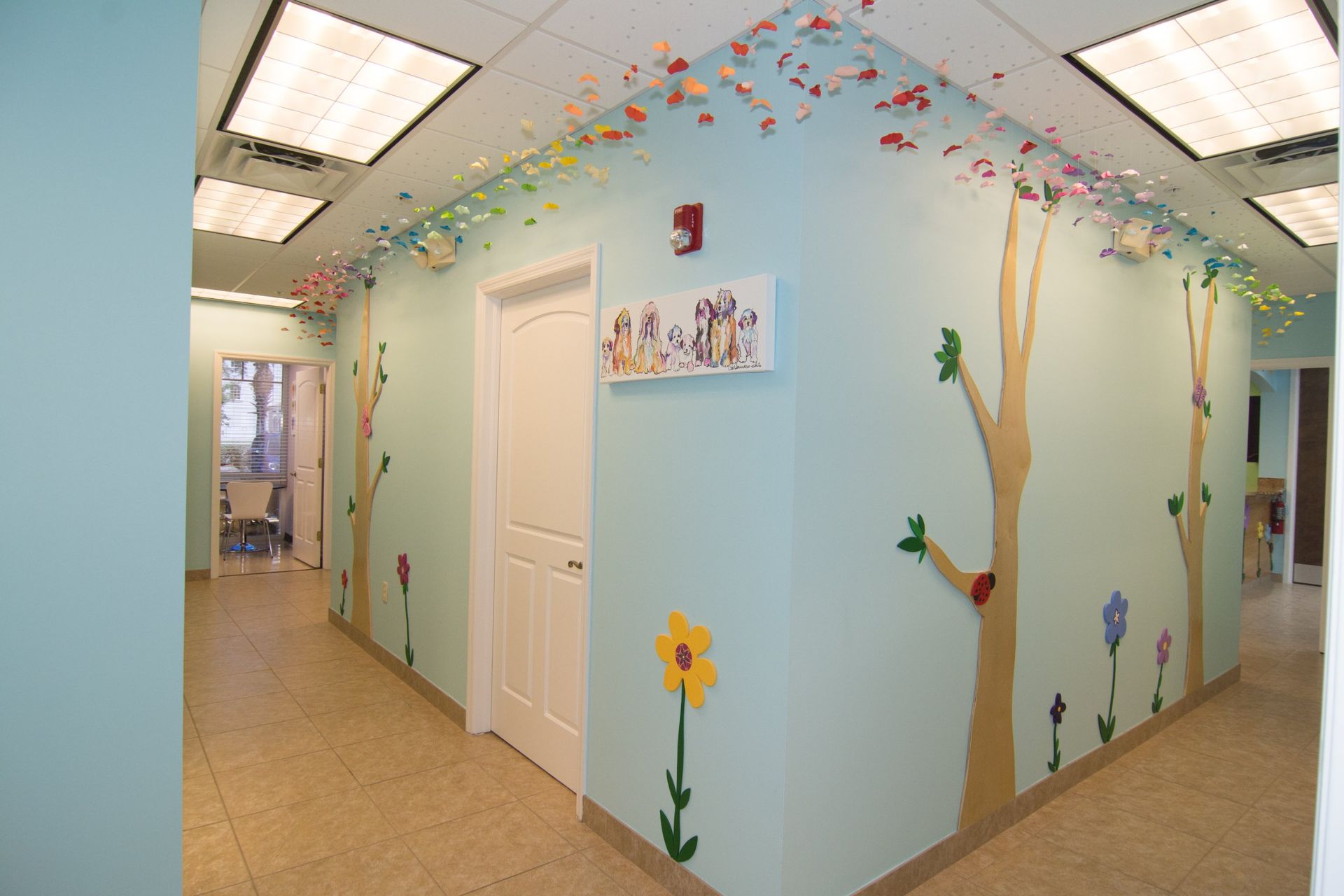 Photo of Optimal Care Pediatrics halls way with light blue walls and decals of flowers
