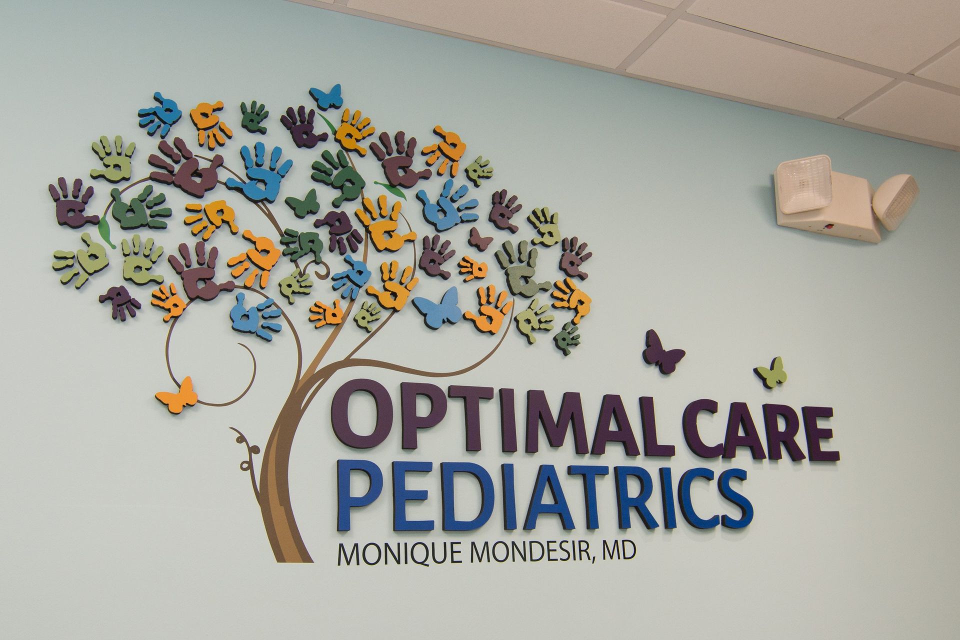 Optimal Care Pediatrics Monique Vondesir, MD Logo on a light blue wall