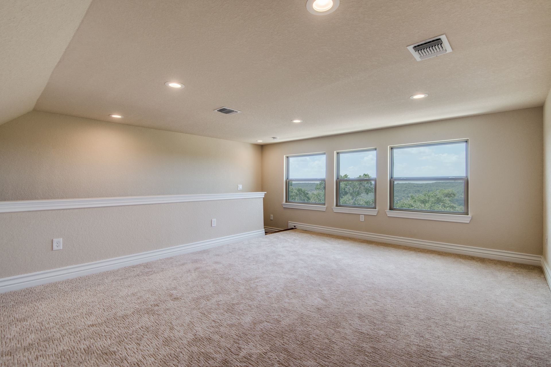 An empty room with a lot of windows and a carpeted floor.