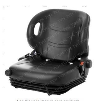 Asiento industrial ergonómico de color negro con base de suspensión, respaldo contorneado y cinturón de seguridad integrado.