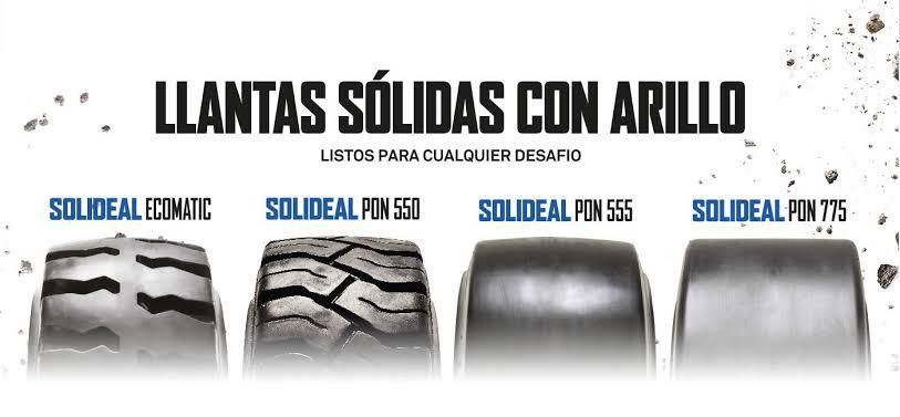 En la imagen se muestran cuatro neumáticos macizos Solideal con llanta, alineados en fila, con diferentes diseños de banda de rodadura, desde tacos profundos hasta lisos.