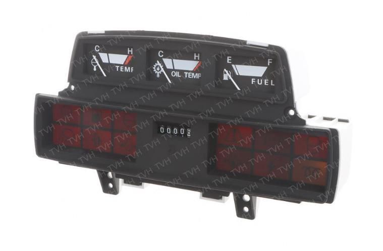 Un panel de instrumentos digital negro para automóvil que cuenta con tres indicadores analógicos sobre una pantalla digital con odómetro.