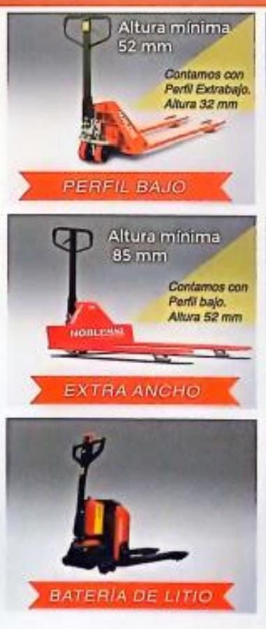 Three orange pallet jacks displayed vertically, labeled 