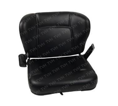 Asiento de vinilo negro con respaldo alto para maquinaria pesada o industrial, con cinturón de seguridad incorporado.