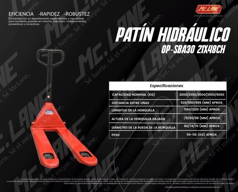 Una transpaleta hidráulica McLane roja con sus especificaciones técnicas listadas en una tabla sobre fondo oscuro.