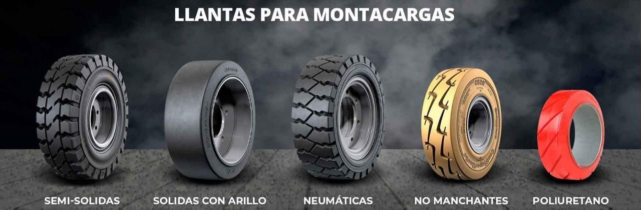 Cinco neumáticos para carretillas elevadoras expuestos en fila, etiquetados por tipo: neumáticos de aire, macizos con anillo, de presión, que no dejan marcas y de poliuretano.