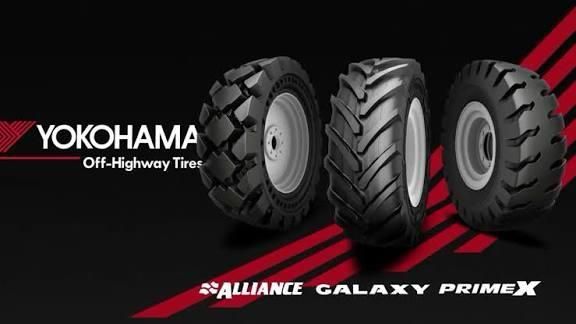 Tres neumáticos con diferentes dibujos de la banda de rodadura, mostrados sobre un fondo negro con franjas rojas y los logotipos de Yokohama y otras marcas.