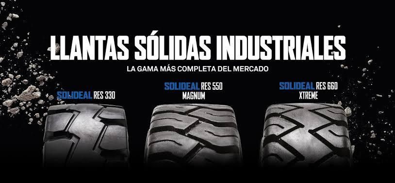 Tres neumáticos industriales macizos Solideal mostrados sobre un fondo negro con el texto: 