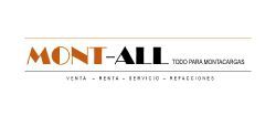 Logo for "MONT-ALL" with the text "TODO PARA MONTACARGAS" and "VENTA - RENTA - SERVICIO - REFACCIONES" on a white background.