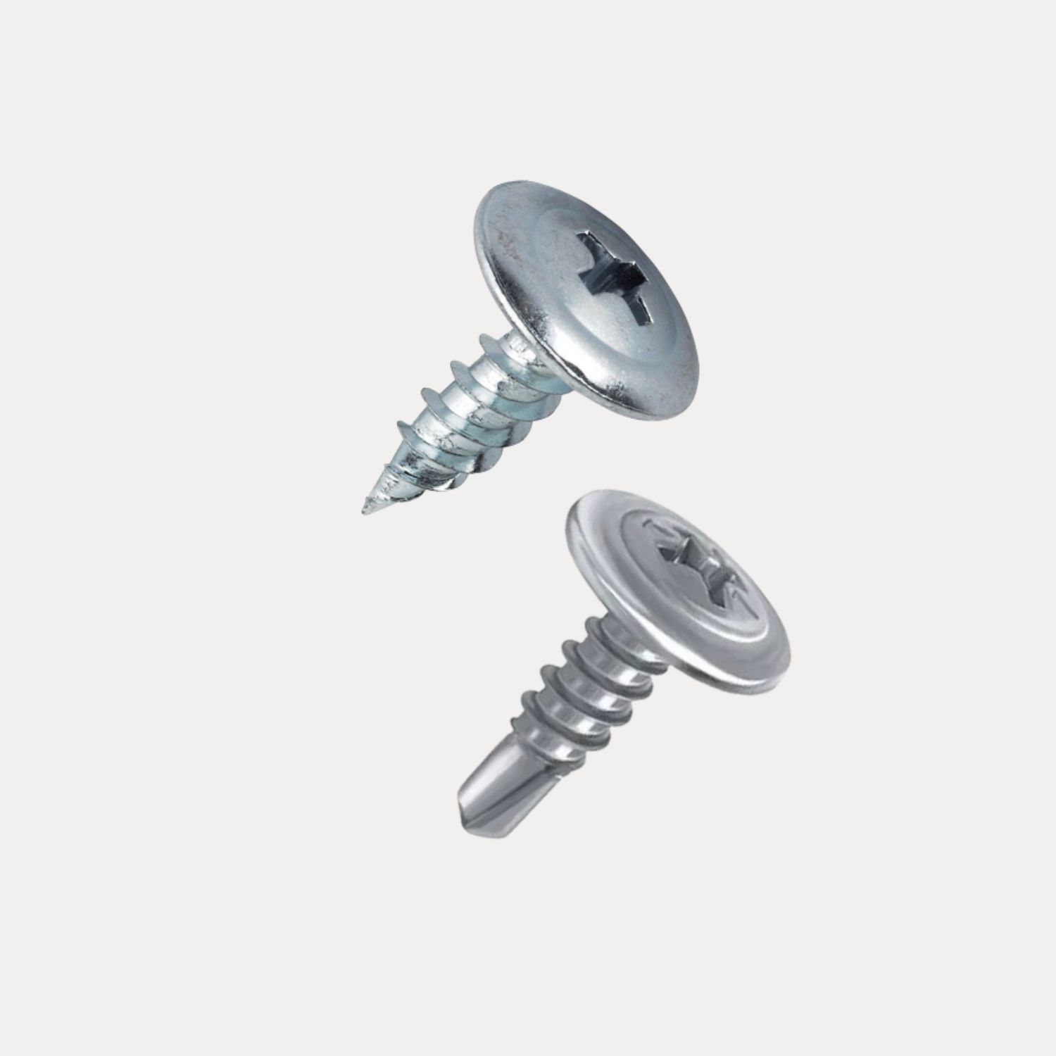 Dos tornillos plateados con cabezas planas y redondas y ranuras para cabeza Phillips.